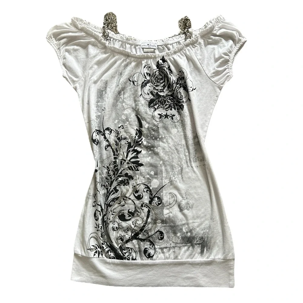 Y2K White and Grey Graphic Rhinestone Off the Shoulder Tunic/Top - Picture 1 of 7